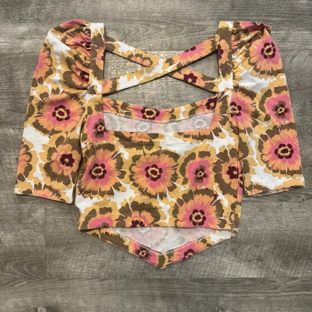 NWT Free People Give Me More Top Ivory Floral Crop Puff Sleeve Square Neck Sz XS